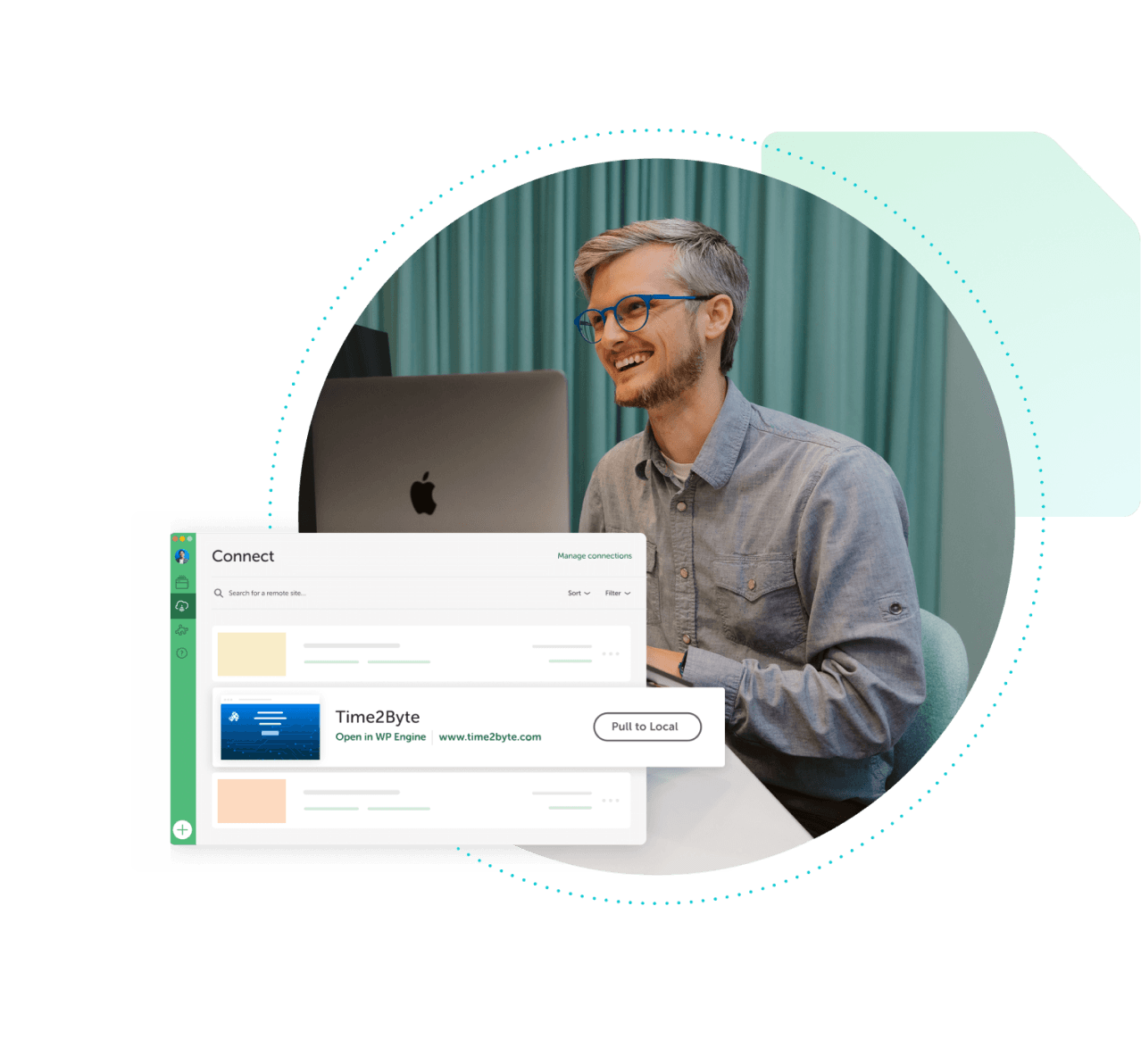 Local developer smiling and sitting in front of computer with local interface