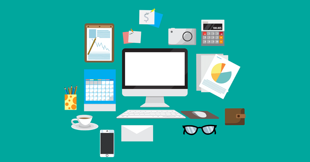 multiple design-related icons on a greenish background, including a computer, a camera, a calendar, a phone, a cup of coffee, and more