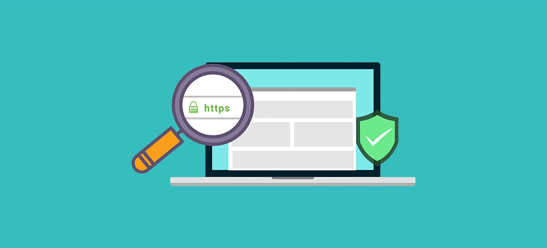 an icon of a computer with a website page loading. a magnifying glass zooms in on the https in the URL, and a security badge icon sits on the righthand side of the screen. Dedicated WordPress hosting overview