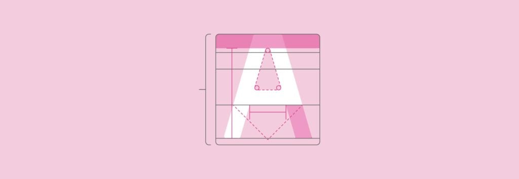 a white letter A on a pink background. Dotted lines suggest this letter is in the process of being designed for a new font. make your own font