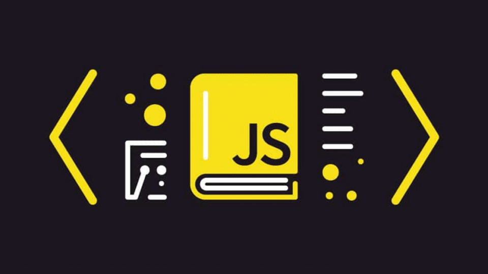 yellow book icon with JS on the cover next to other yellow elements on a black background