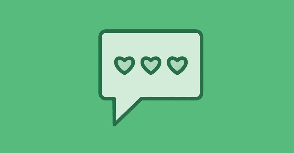 a green testimonial bubble icon with three green hearts inside