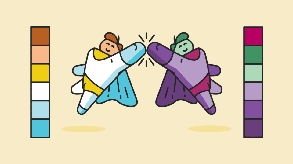 a cartoon man in a cape drawn with two different color palettes. one looks like a superhero wearing white and blue, while the other looks like a super villain wearing purple with green skin