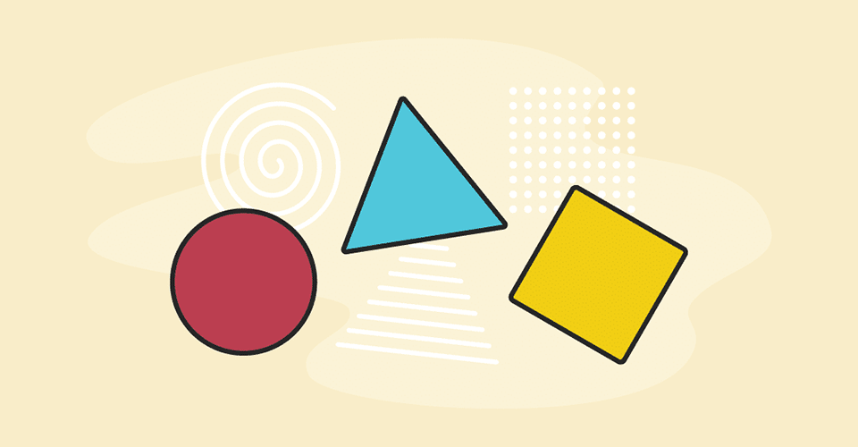 a red circle, a blue triangle, and a yellow square on a pale yellow background with different lines and spirals behind them