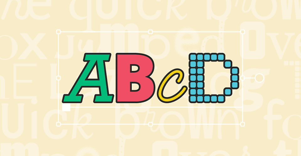 The letters A, B, C, and D each written in a different style of font