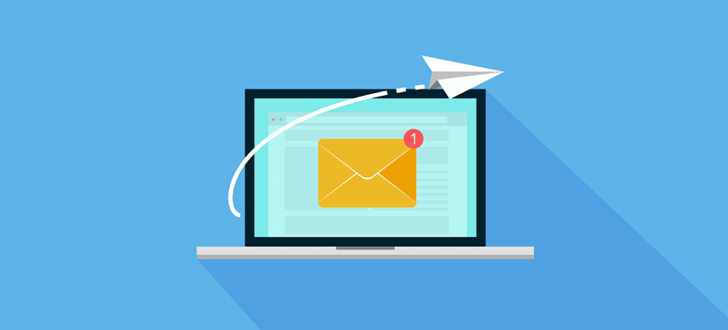 an illustration of a laptop on a blue background displays a mail icon with a red notification bubble in the upper righthand corner. a paper airplane icon circles in front of the laptop