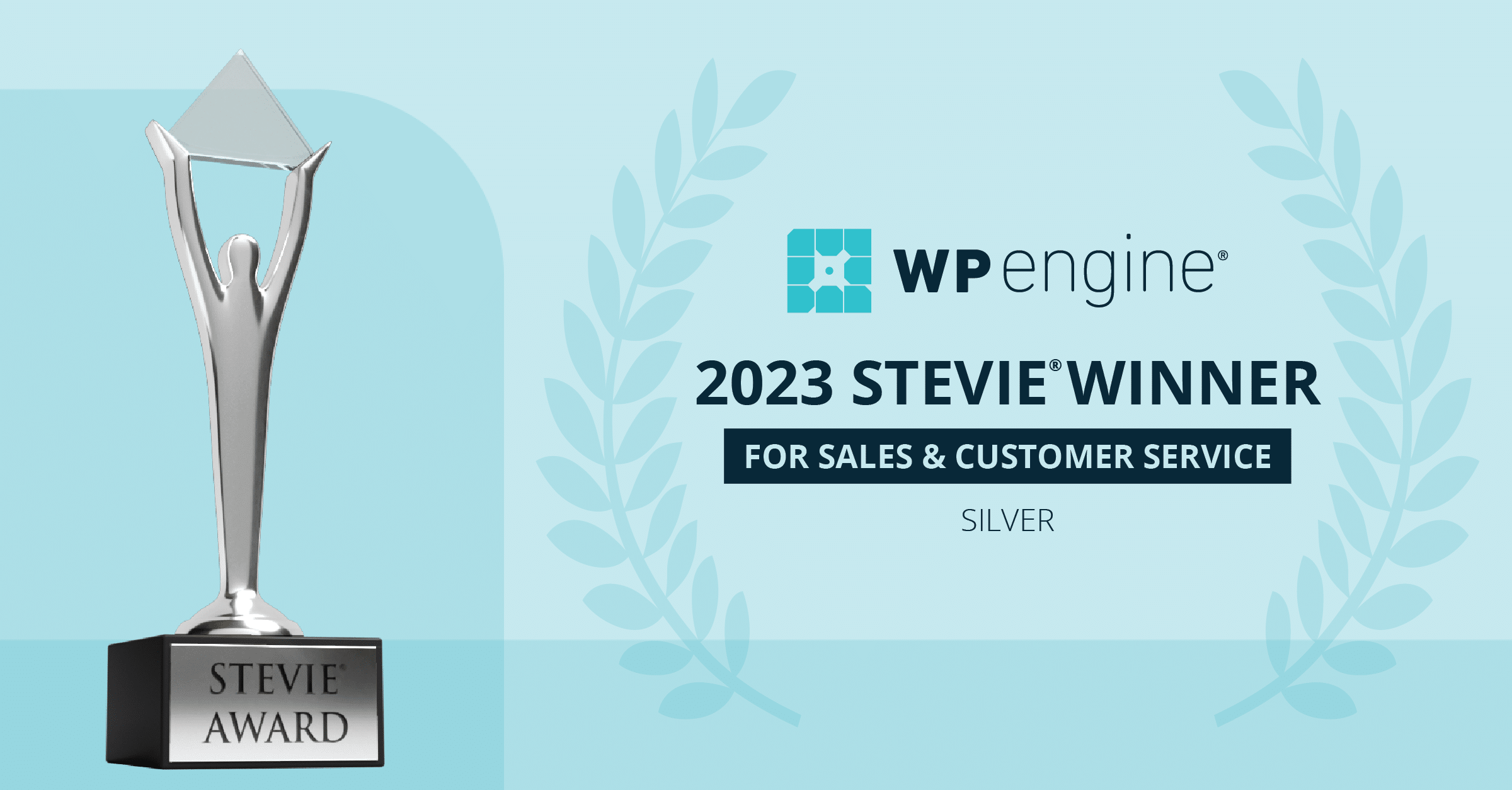 On the righthand side of the image, the WP Engine logo sits above the words 2023 Stevie Winner for Sales and Customer Service, Silver. An image of the award sits on the lefthand side of the image