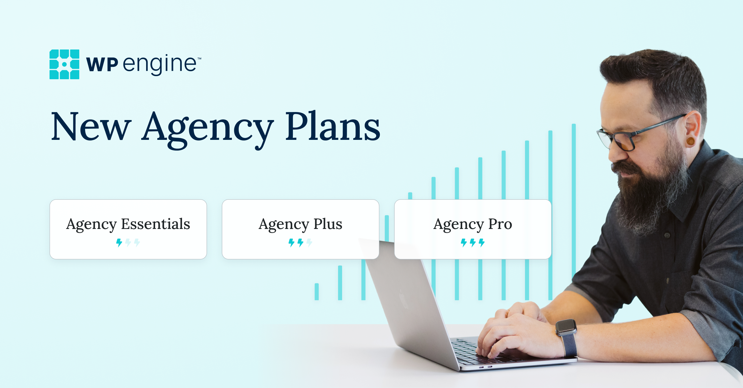 Header for an article on WPE's 2025 agency plans showing an agency owner at his keyboard with an abstraction of the plan levels behind him.