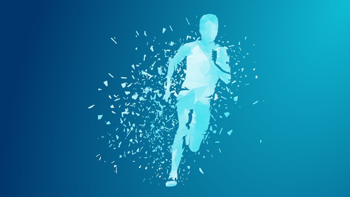 A low-poly, light blue runner made of geometric shapes, with fragments scattering behind, on a blue gradient background.